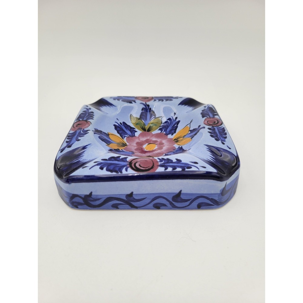 Vintage Vestal Alcobaca Portugal Hand Painted Blue Floral Ashtray #631 - Picture 4 of 9